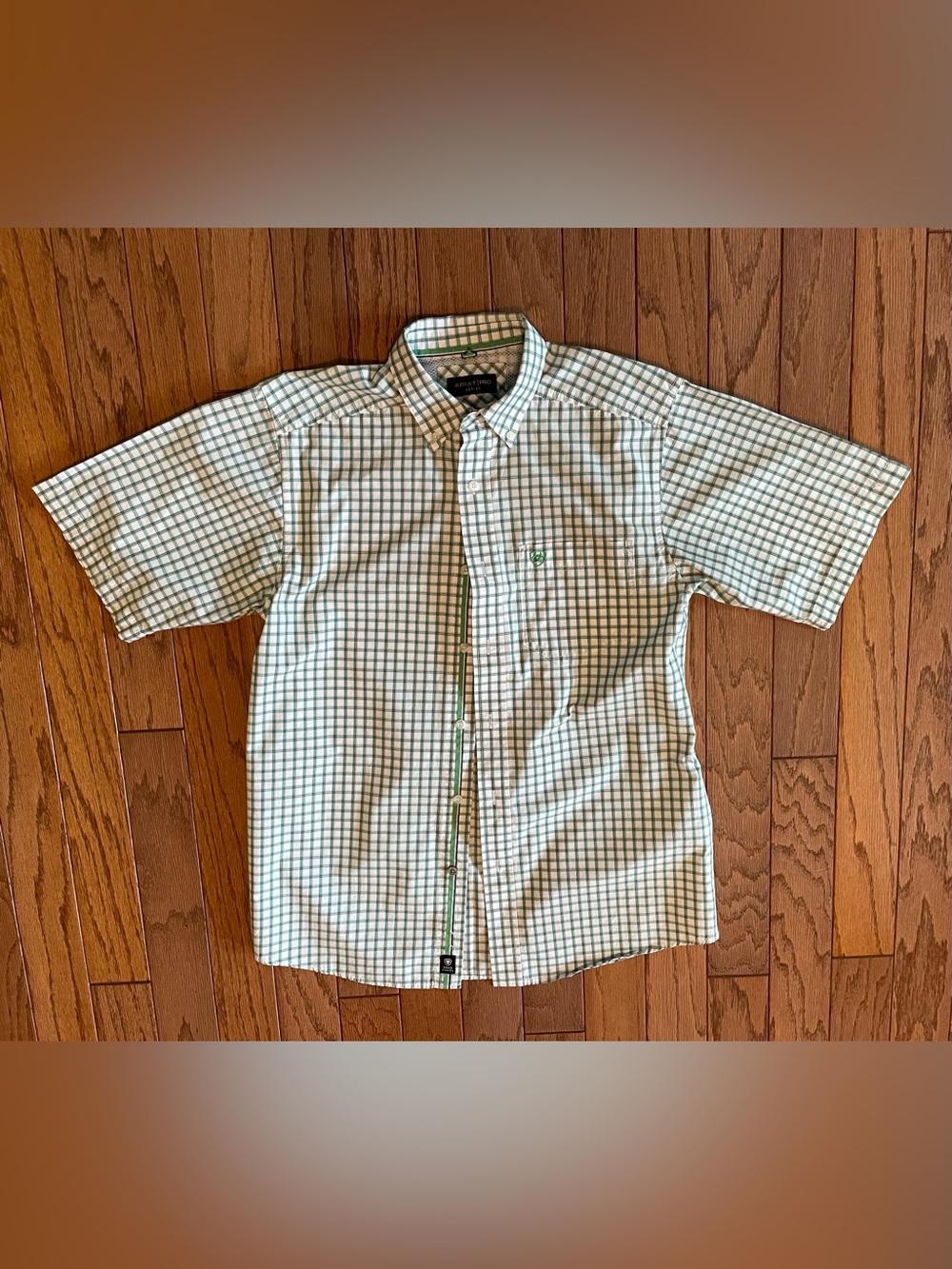 Short-Sleeve Check Button-Up Shirt in White and Green